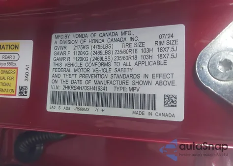 2025 Honda Cr-V Ex-L Awd from USA, damaged, VIN 2HKRS4H70SH416341